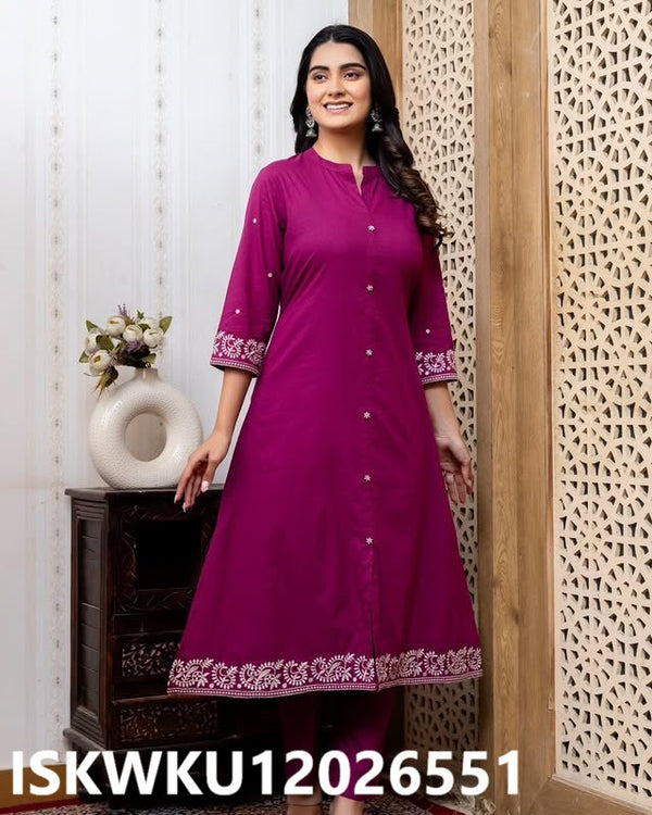 Embroidered Cotton Anarkali Kurti With Pant-ISKWKU12026551