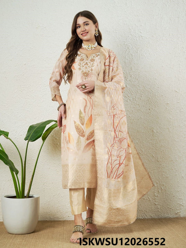 Embroidered Jacquard Silk Kurti With Pant And Printed Organza Dupatta-ISKWSU12026552