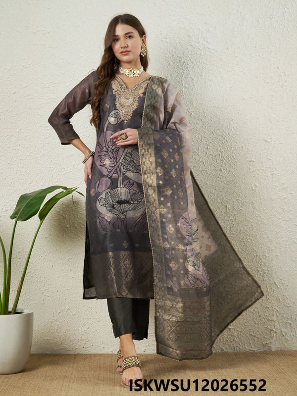 Embroidered Jacquard Silk Kurti With Pant And Printed Organza Dupatta-ISKWSU12026552