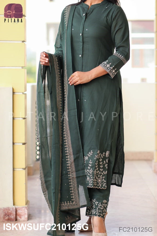 Embroidered Malmal Cotton Kurti With Pant And Printed Dupatta-ISKWSUFC210125G