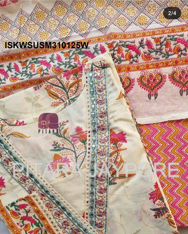 Block Printed Cotton Kurti With Pant And Dupatta-ISKWSUSM310125W