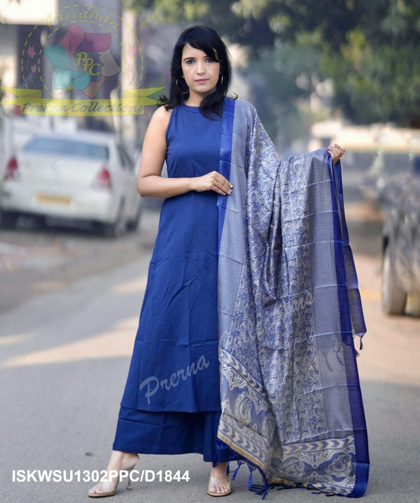 Handloom A-Line Kurti With Palazzo And Madhubani Printed Khadi Silk Dupatta-ISKWSU1302PPC/D1844