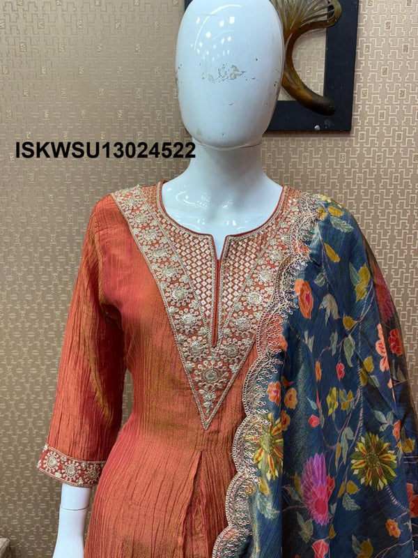 Embroidered Tissue Silk A-Line Kurti With Shantoon Pant And Digital Printed Shimmer Dupatta-ISKWSU13024522