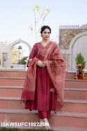 Embroidered Malmal Chanderi Kurti With Pant And Silk Pant And Dupatta-ISKWSUFC180225Y/FC180225M