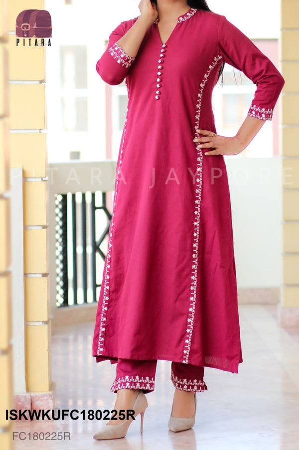 Embroidered Linen Cotton Princess Cut Kurti With Pant-ISKWKUFC180225K/FC180225R