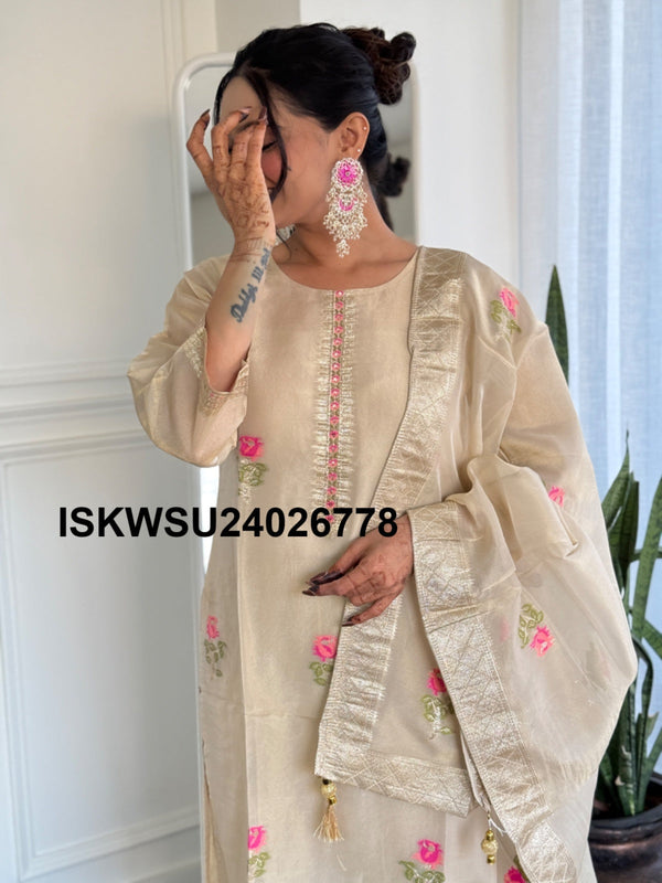 Embroidered Banarasi SIlk Kurti With Pant And Dupatta-ISKWSU24026778