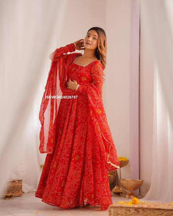 Bandhej Printed Chiffon Gown With Dupatta-ISKWGN24026767