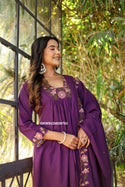 Embroidered Cotton Flared Kurti With Pant And Dupatta-ISKWSU24026763