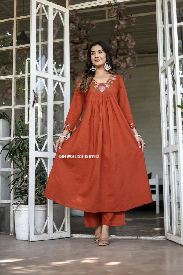 Embroidered Cotton Flared Kurti With Pant And Dupatta-ISKWSU24026763