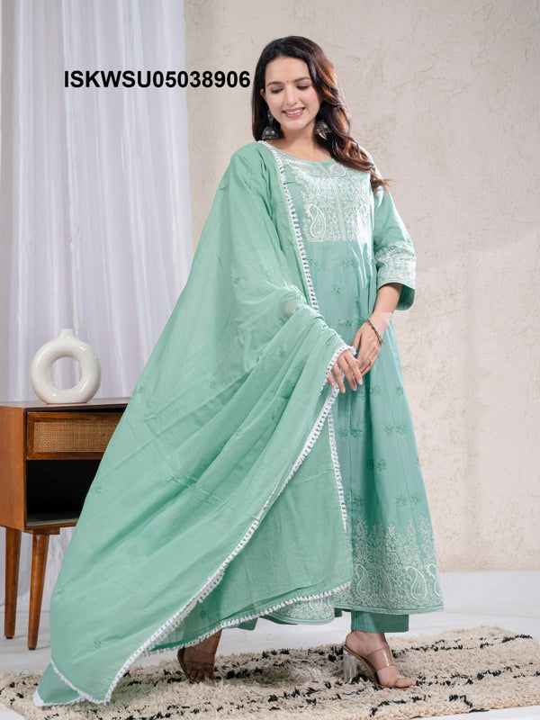 Embroidered Cotton Anarkali Kurti With Pant And Dupatta-ISKWSU05038906