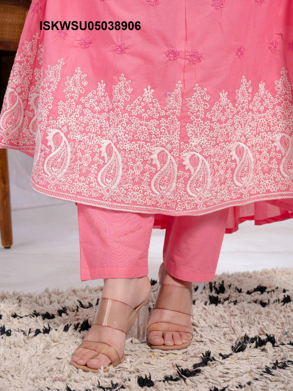 Embroidered Cotton Anarkali Kurti With Pant And Dupatta-ISKWSU05038906