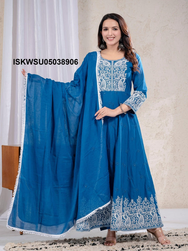 Embroidered Cotton Anarkali Kurti With Pant And Dupatta-ISKWSU05038906