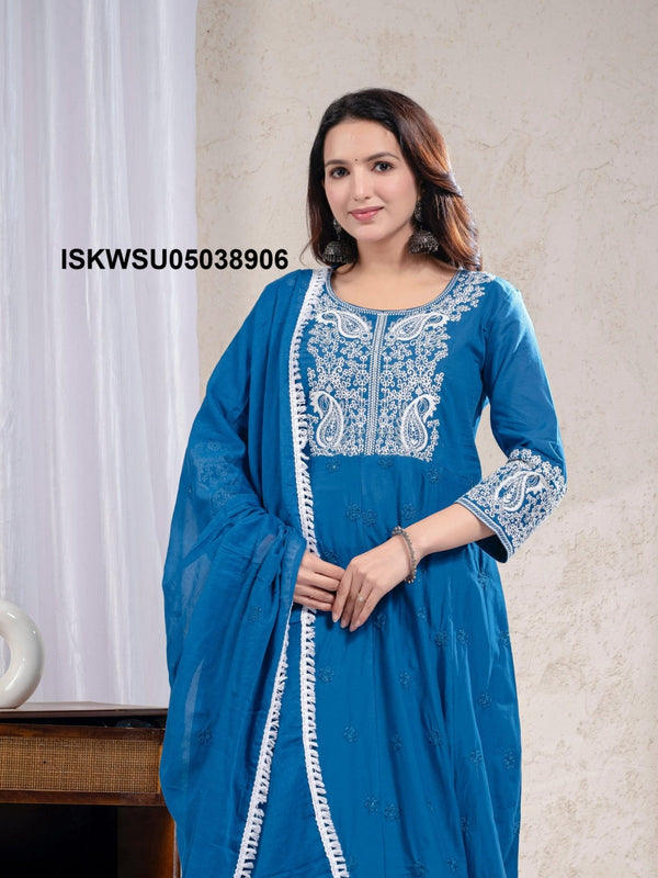 Embroidered Cotton Anarkali Kurti With Pant And Dupatta-ISKWSU05038906