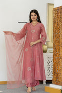 Embroidered Malmal Chanderi Kurti With Pant And Dupatta-ISKWSU05038901