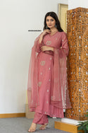 Embroidered Malmal Chanderi Kurti With Pant And Dupatta-ISKWSU05038901