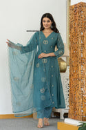 Embroidered Malmal Chanderi Kurti With Pant And Dupatta-ISKWSU05038901