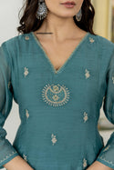 Embroidered Malmal Chanderi Kurti With Pant And Dupatta-ISKWSU05038901