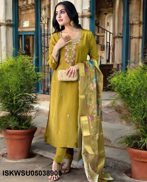 Embroidered Silk Kurti With Pant And Printed Dupatta-ISKWSU05038905