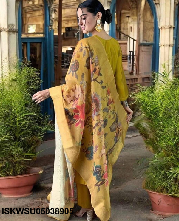 Embroidered Silk Kurti With Pant And Printed Dupatta-ISKWSU05038905