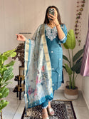 Embroidered Silk Kurti With Pant And Printed Dupatta-ISKWSU05038909