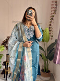 Embroidered Silk Kurti With Pant And Printed Dupatta-ISKWSU05038909