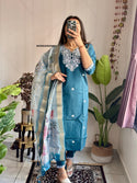 Embroidered Silk Kurti With Pant And Printed Dupatta-ISKWSU05038909