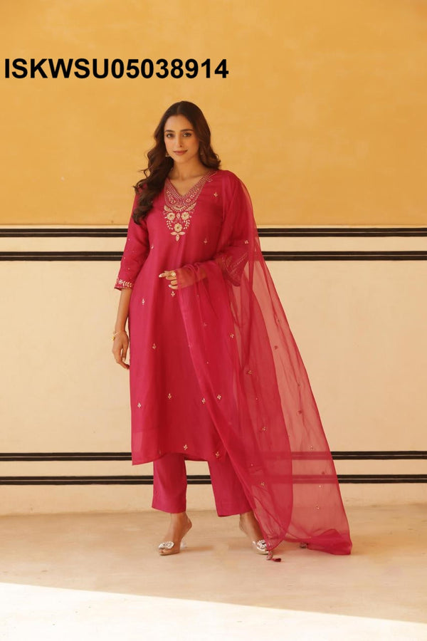 Embroidered Silk Kurti With Pant And Dupatta-ISKWSU05038914