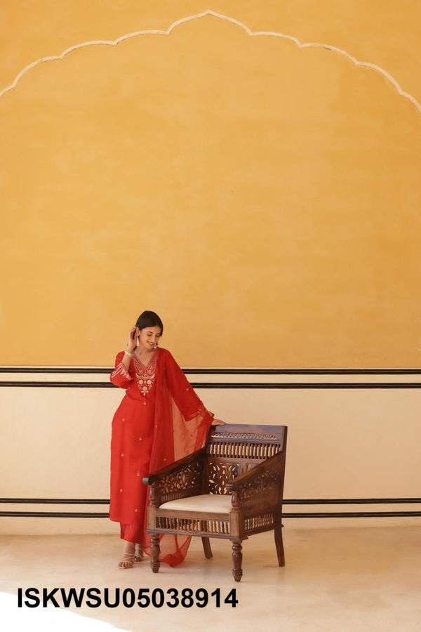 Embroidered Silk Kurti With Pant And Dupatta-ISKWSU05038914