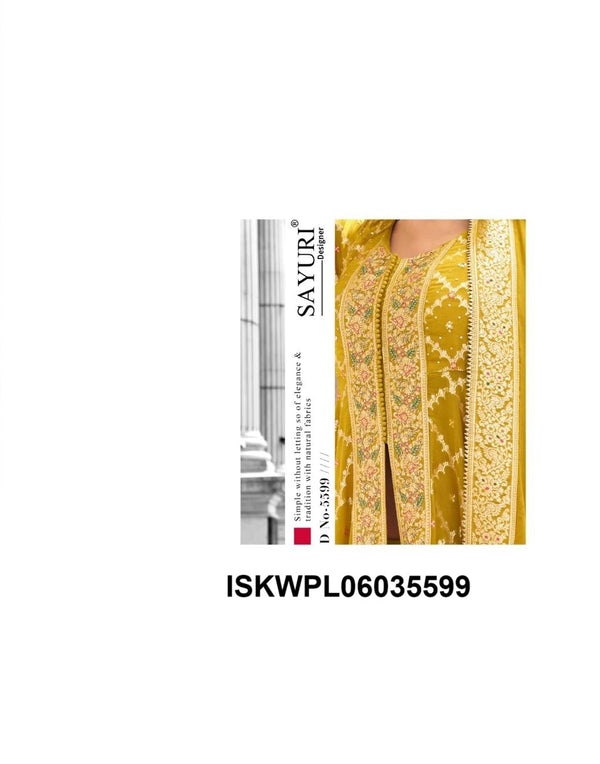 Embroidered Viscose Jacquard Silk Front Slit Kurti With Palazzo And Dupatta-ISKWPL06035599