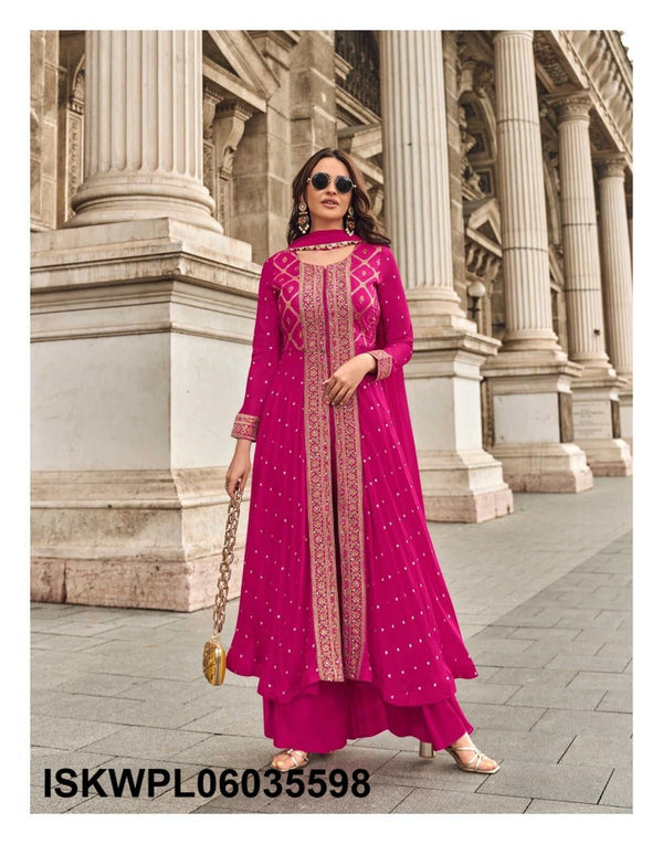 Embroidered Viscose Jacquard Silk Front Slit Kurti With Palazzo And Dupatta-ISKWPL06035598