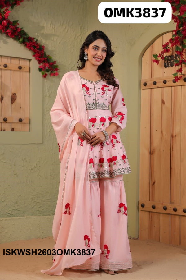 Embroidered Malmal Peplum Kurti With Sharara And Dupatta-ISKWSH2603OMK3837