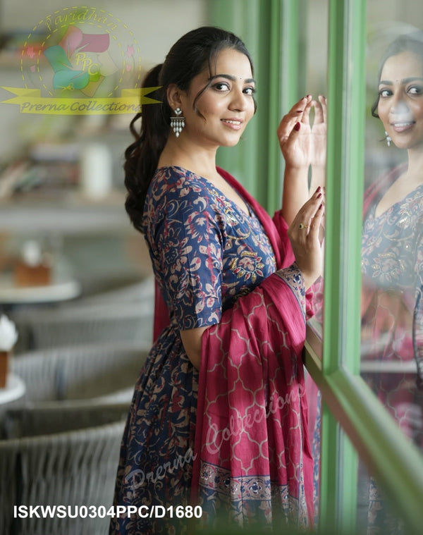 Kalamkari Printed Cotton Anarkali Kurti With Pant And Malmal Cotton Dupatta-ISKWSU0304PPC/D1680
