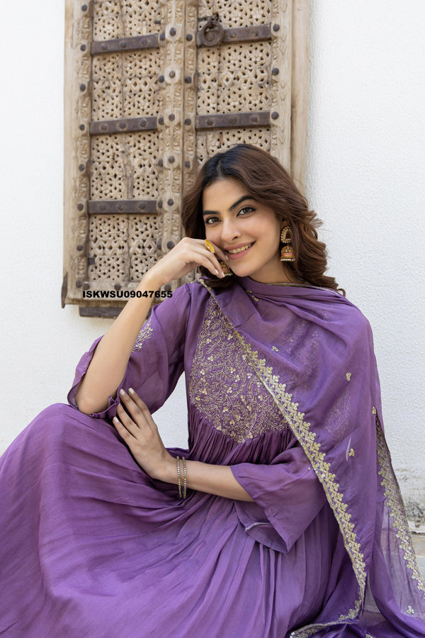 Embroidered Chinon Flared Kurti With Pant And Dupatta-ISKWSU09047655