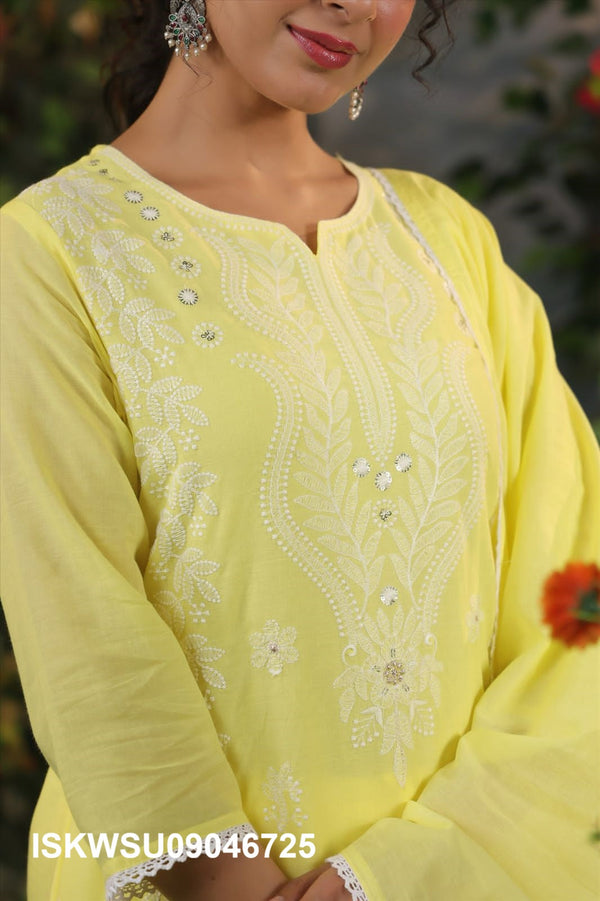 Embroidered Malmal Cotton Kurti With Pant And Dupatta-ISKWSU09046725