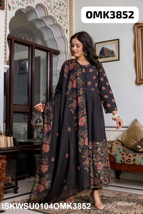 Floral Printed Dobby Cotton Anarkali Kurti With Pant And Dupatta-ISKWSU0104OMK3852