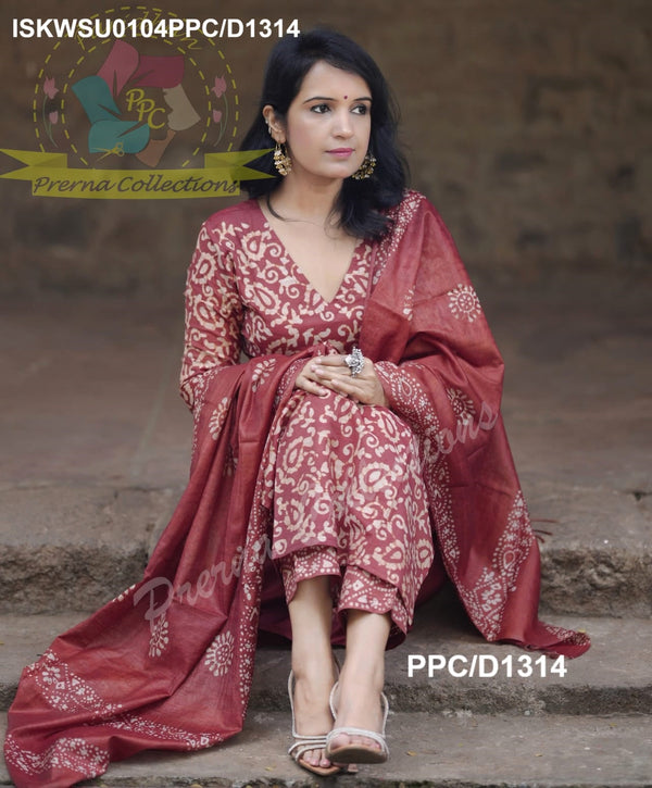 Hand Batik Printed Silk Kurti With Pant And Dupatta-ISKWSU0104PPC/D1314