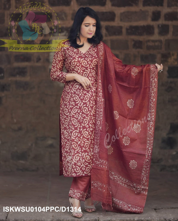 Hand Batik Printed Silk Kurti With Pant And Dupatta-ISKWSU0104PPC/D1314