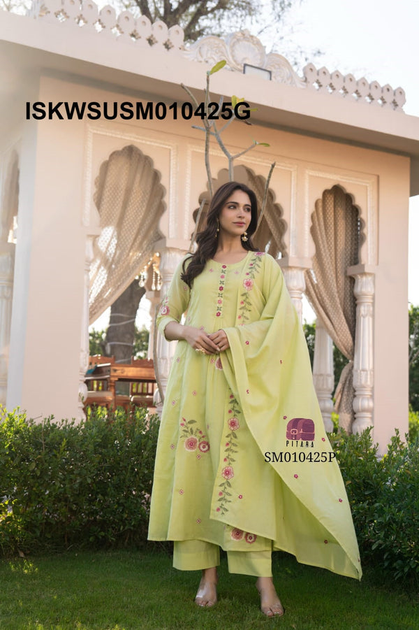 Embroidered Malmal Cotton Kurti With Pant And Dupatta-ISKWSUSM010425G/SM010425P