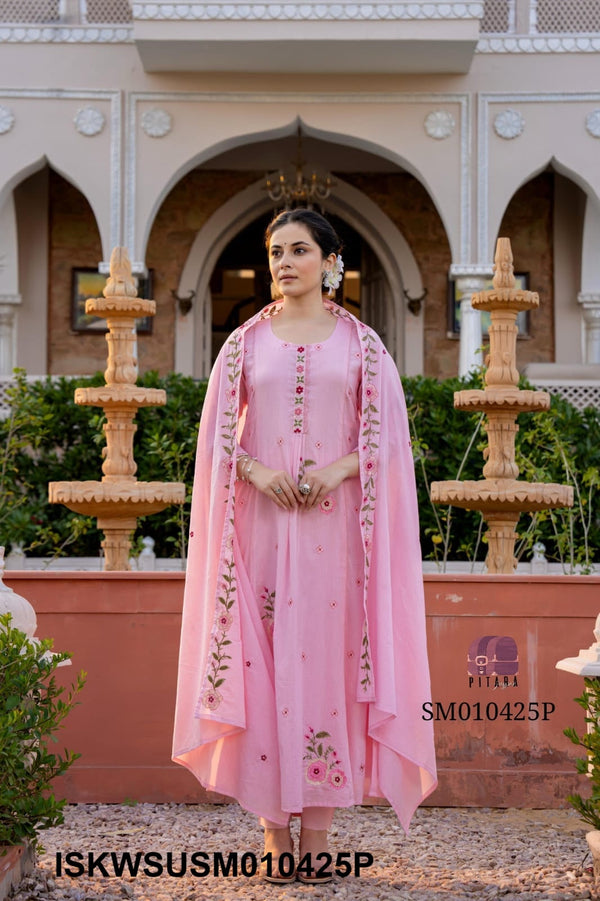 Embroidered Malmal Cotton Kurti With Pant And Dupatta-ISKWSUSM010425G/SM010425P