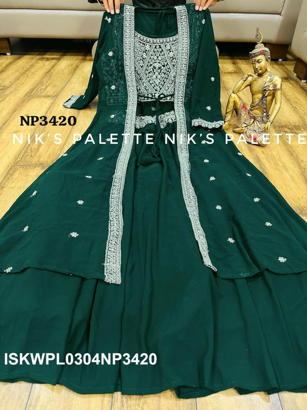 Embroidered Georgette Crop Top With Palazzo And Shrug-ISKWPL0304NP3420