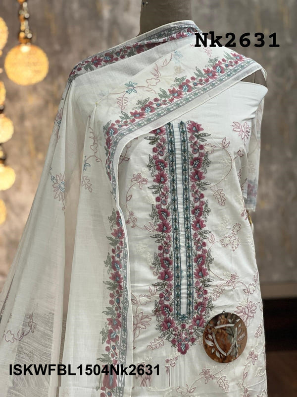 Embroidered Cotton Kurti With Bottom And Digital Printed Linen Dupatta-ISKWFBL1504Nk2631