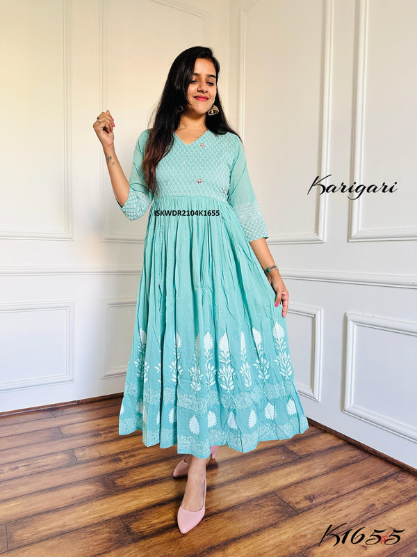 Block Printed Malmal Cotton Dress-ISKWDR2104K1655