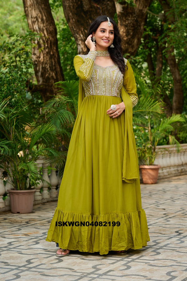 Embroidered Georgette Gown With Dupatta-ISKWGN04082199