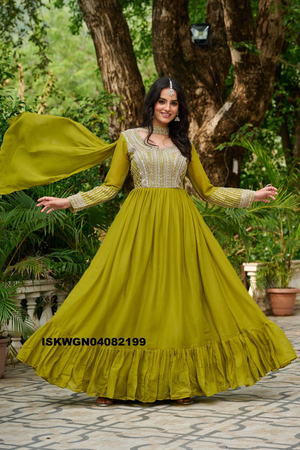 Embroidered Georgette Gown With Dupatta-ISKWGN04082199