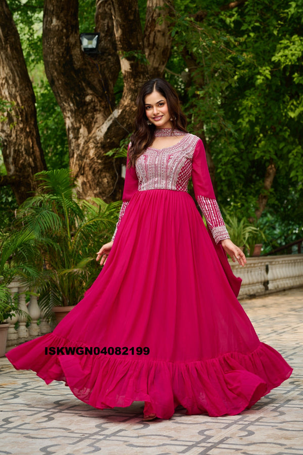 Embroidered Georgette Gown With Dupatta-ISKWGN04082199
