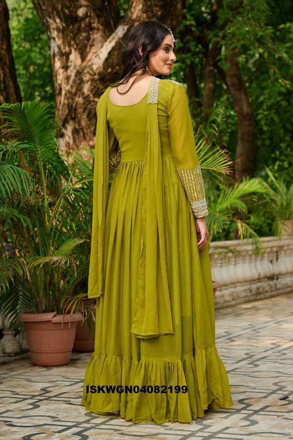 Embroidered Georgette Gown With Dupatta-ISKWGN04082199