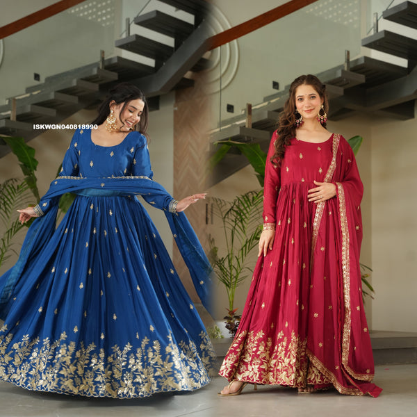 Embroidered Chinon Silk Gown With Dupatta-ISKWGN040818990