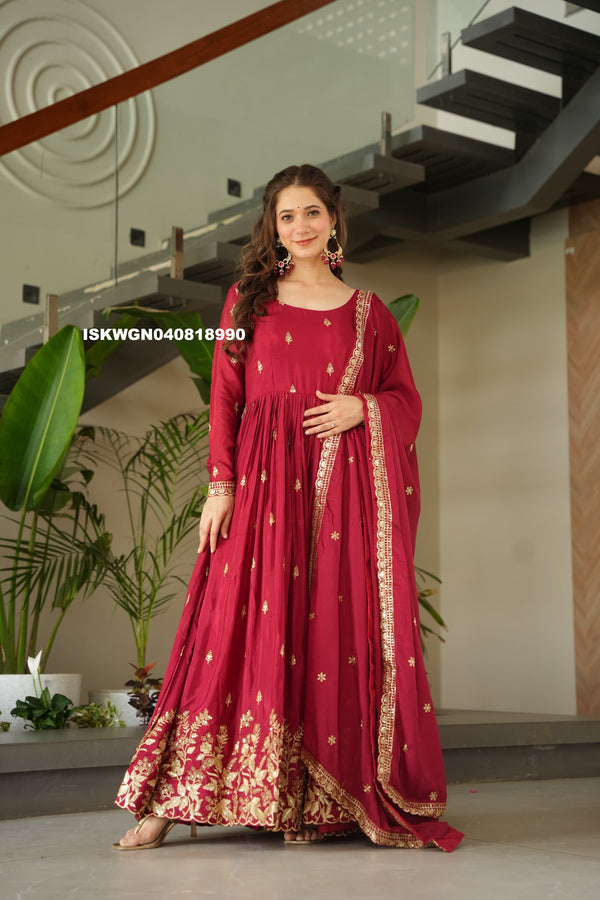 Embroidered Chinon Silk Gown With Dupatta-ISKWGN040818990