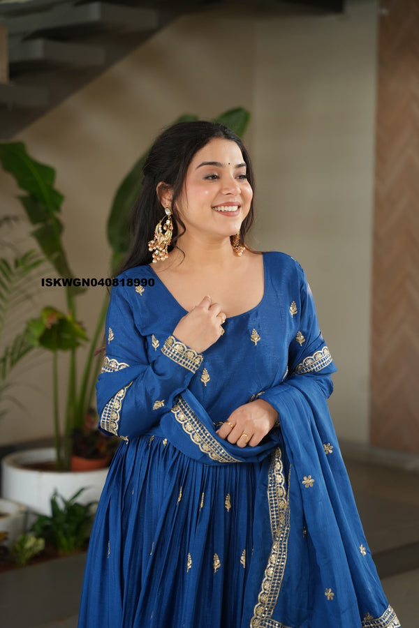 Embroidered Chinon Silk Gown With Dupatta-ISKWGN040818990