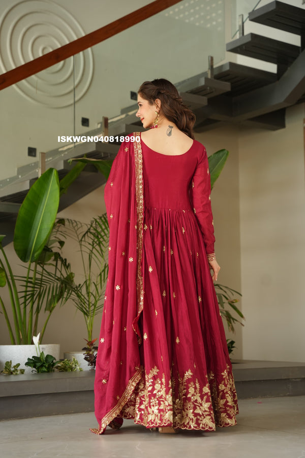 Embroidered Chinon Silk Gown With Dupatta-ISKWGN040818990